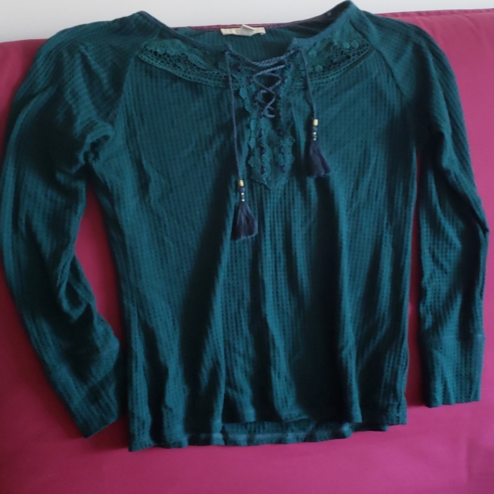 Dark blue green waffle knit blouse